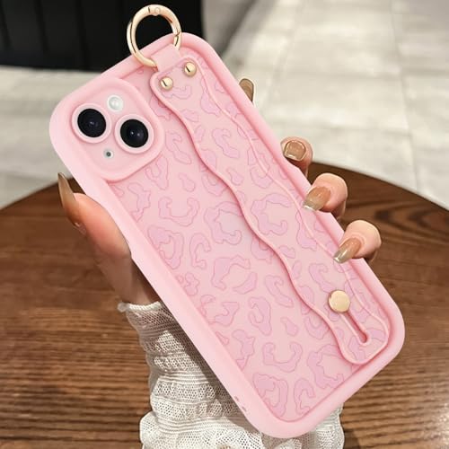 MOWIME Kompatibel mit iPhone 14 Hülle mit Handschlaufe, [Upgraded] Verstellbares Armband Kickstand Hülle für Frauen Mädchen Gepardendruck Stoßfest Silikon Schutzhülle 6,1 Zoll, Rosa von MOWIME