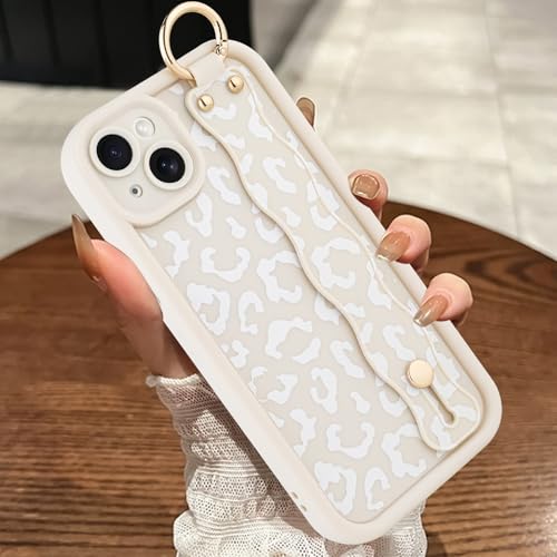 MOWIME Kompatibel mit iPhone 14 Hülle mit Handschlaufe, [Upgraded] Verstellbares Armband Kickstand Hülle für Frauen Mädchen Gepardendruck Stoßfest Silikon Schutzhülle 6,1 Zoll, Weiß von MOWIME