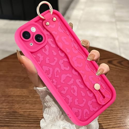 MOWIME Kompatibel mit iPhone 14 Plus Hülle mit Handschlaufe, [Upgraded] Verstellbares Armband Kickstand Hülle für Frauen Mädchen Gepardendruck Stoßfest Silikon Schutzhülle 6,7 Zoll, Hot Pink von MOWIME