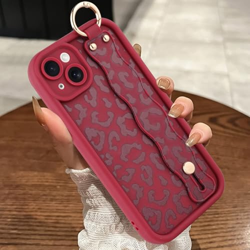 MOWIME Kompatibel mit iPhone 15 Plus Hülle mit Handschlaufe, [Upgraded] Verstellbares Armband Kickstand Hülle für Frauen Mädchen Gepardendruck Stoßfest Silikon Schutzhülle 6,7 Zoll, Weinrot von MOWIME