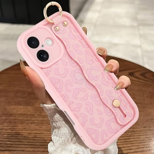 MOWIME Kompatibel mit iPhone 16 Plus Hülle mit Handschlaufe, [Upgraded] Verstellbares Armband Kickstand Hülle für Frauen Mädchen Gepardendruck Stoßfest Silikon Schutzhülle 6,7 Zoll, Rosa von MOWIME