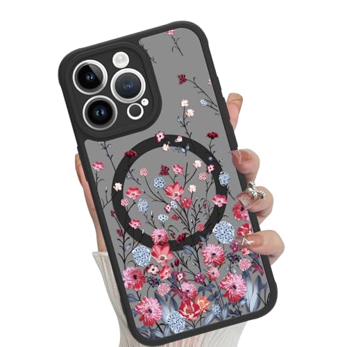 MOWIME Magnetische Schutzhülle für iPhone 13 Pro, kompatibel mit MagSafe, niedliches modisches Blumenmuster, durchscheinend, matt, harte Rückseite, stoßfest, kratzfest, rote Blume von MOWIME