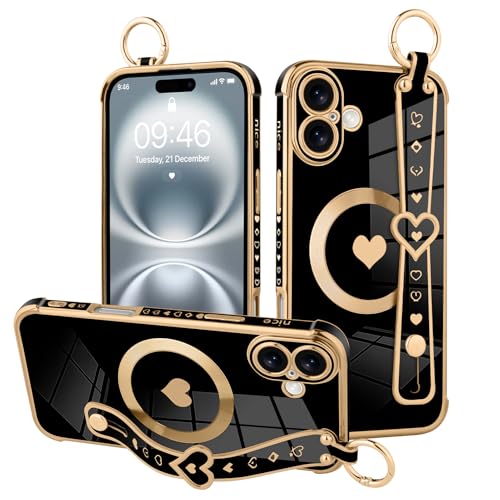 MOWIME Magnetische Schutzhülle für iPhone 16 Plus, mit Handschlaufe, niedliches Liebesherzmuster für Frauen und Mädchen, weiche Beschichtung, kratzfest, Schutzhülle mit Ständer, Ständer, Schwarz MOWIME Magnetische Schutzhülle für iPhone 16 Plus, mit Handschlaufe, niedliches Liebesherzmuster für Frauen und Mädchen, weiche Beschichtung, kratzfest, Schutzhülle mit Ständer, Ständer, Schwarz von MOWIME