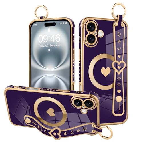 MOWIME Magnetische Schutzhülle für iPhone 16 Plus mit Handschlaufe, süßes Liebesherzmuster für Frauen und Mädchen, weiche Beschichtung, kratzfest, Schutzhülle mit Ständer, Ständer, Dunkelviolett MOWIME Magnetische Schutzhülle für iPhone 16 Plus mit Handschlaufe, süßes Liebesherzmuster für Frauen und Mädchen, weiche Beschichtung, kratzfest, Schutzhülle mit Ständer, Ständer, Dunkelviolett von MOWIME