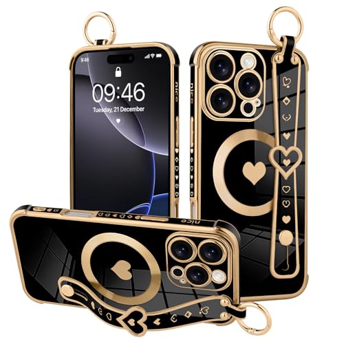 MOWIME Magnetische Schutzhülle für iPhone 16 Pro Max mit Handschlaufe, niedliches Liebesherzmuster für Frauen und Mädchen, weiche Beschichtung, kratzfest, Schutzhülle mit Ständer, Ständer, Schwarz MOWIME Magnetische Schutzhülle für iPhone 16 Pro Max mit Handschlaufe, niedliches Liebesherzmuster für Frauen und Mädchen, weiche Beschichtung, kratzfest, Schutzhülle mit Ständer, Ständer, Schwarz von MOWIME