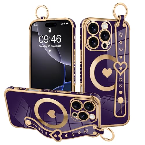 MOWIME Magnetische Schutzhülle für iPhone 16 Pro Max mit Handschlaufe, süßes Liebesherzmuster für Frauen und Mädchen, weiche Beschichtung, kratzfest, Schutzhülle mit Ständer, Ständer, Dunkelviolett MOWIME Magnetische Schutzhülle für iPhone 16 Pro Max mit Handschlaufe, süßes Liebesherzmuster für Frauen und Mädchen, weiche Beschichtung, kratzfest, Schutzhülle mit Ständer, Ständer, Dunkelviolett von MOWIME
