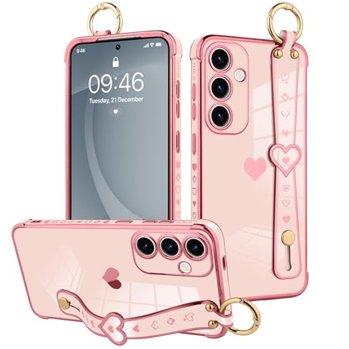 MOWIME Schutzhülle für Samsung Galaxy S25 mit Handschlaufe, niedliches Herzmuster, für Damen und Mädchen, weiche Beschichtung, kratzfest, Schutzhülle mit Band und Ständer, Rosa von MOWIME