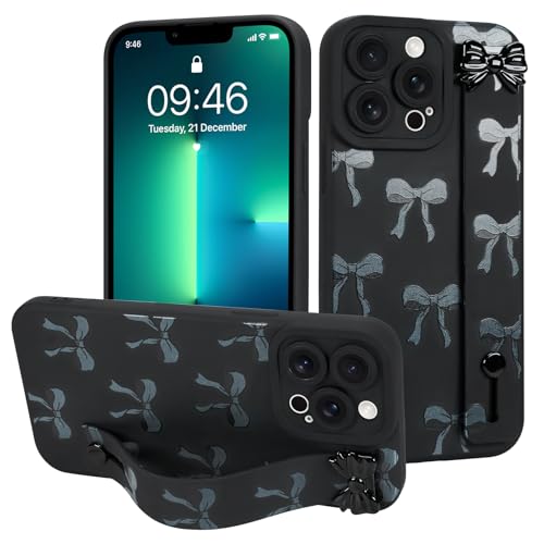 MOWIME Schutzhülle für iPhone 13 Pro Max mit Handschlaufe, niedliches Schleifenmuster, weiche TPU-Schutzhülle für Damen und Mädchen, schlank, kratzfest, stoßfest, mit verstellbarem Ständer, Schwarz MOWIME Schutzhülle für iPhone 13 Pro Max mit Handschlaufe, niedliches Schleifenmuster, weiche TPU-Schutzhülle für Damen und Mädchen, schlank, kratzfest, stoßfest, mit verstellbarem Ständer, Schwarz von MOWIME