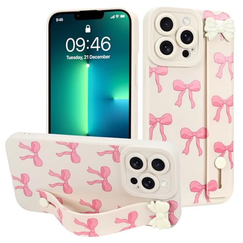 MOWIME Schutzhülle für iPhone 13 Pro Max mit Handschlaufe, niedliches Schleifenmuster, weiche TPU-Schutzhülle für Damen und Mädchen, schmal, kratzfest, stoßfest, mit verstellbarem Ständer, Weiß MOWIME Schutzhülle für iPhone 13 Pro Max mit Handschlaufe, niedliches Schleifenmuster, weiche TPU-Schutzhülle für Damen und Mädchen, schmal, kratzfest, stoßfest, mit verstellbarem Ständer, Weiß von MOWIME