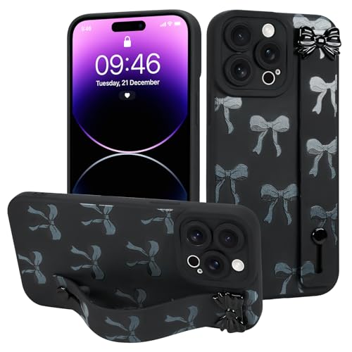 MOWIME Schutzhülle für iPhone 14 Pro Max mit Handschlaufe, niedliches Schleifenmuster, weiche TPU-Schutzhülle für Damen und Mädchen, schlank, kratzfest, stoßfest, mit verstellbarem Ständer, Schwarz MOWIME Schutzhülle für iPhone 14 Pro Max mit Handschlaufe, niedliches Schleifenmuster, weiche TPU-Schutzhülle für Damen und Mädchen, schlank, kratzfest, stoßfest, mit verstellbarem Ständer, Schwarz von MOWIME