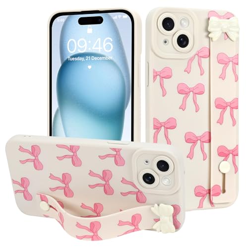 MOWIME Schutzhülle für iPhone 15 Plus mit Handschlaufe, niedliches Schleifenmuster, weiche TPU-Schutzhülle für Damen und Mädchen, schmal, kratzfest, stoßfest, mit verstellbarem Ständer, Weiß MOWIME Schutzhülle für iPhone 15 Plus mit Handschlaufe, niedliches Schleifenmuster, weiche TPU-Schutzhülle für Damen und Mädchen, schmal, kratzfest, stoßfest, mit verstellbarem Ständer, Weiß von MOWIME