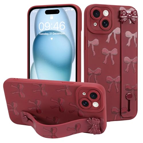 MOWIME Schutzhülle für iPhone 15 Plus mit Handschlaufe, süßes Schleifenmuster, weiche TPU-Schutzhülle für Damen und Mädchen, schlank, kratzfest, stoßfest, mit verstellbarem Ständer, Weinrot MOWIME Schutzhülle für iPhone 15 Plus mit Handschlaufe, süßes Schleifenmuster, weiche TPU-Schutzhülle für Damen und Mädchen, schlank, kratzfest, stoßfest, mit verstellbarem Ständer, Weinrot von MOWIME
