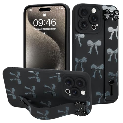 MOWIME Schutzhülle für iPhone 15 Pro Max mit Handschlaufe, niedliches Schleifenmuster, weiche TPU-Schutzhülle für Damen und Mädchen, schlank, kratzfest, stoßfest, mit verstellbarem Ständer, Schwarz MOWIME Schutzhülle für iPhone 15 Pro Max mit Handschlaufe, niedliches Schleifenmuster, weiche TPU-Schutzhülle für Damen und Mädchen, schlank, kratzfest, stoßfest, mit verstellbarem Ständer, Schwarz von MOWIME