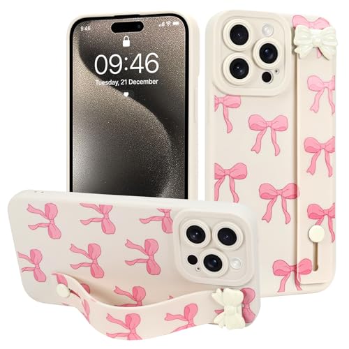 MOWIME Schutzhülle für iPhone 15 Pro mit Handschlaufe, niedliches Schleifenmuster, weiche TPU-Schutzhülle für Damen und Mädchen, schmal, kratzfest, stoßfest, mit verstellbarem Ständer, Weiß MOWIME Schutzhülle für iPhone 15 Pro mit Handschlaufe, niedliches Schleifenmuster, weiche TPU-Schutzhülle für Damen und Mädchen, schmal, kratzfest, stoßfest, mit verstellbarem Ständer, Weiß von MOWIME