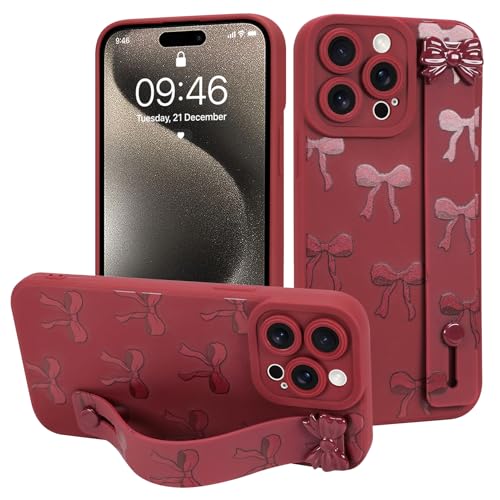 MOWIME Schutzhülle für iPhone 15 Pro mit Handschlaufe, süßes Schleifenmuster, weiche TPU-Schutzhülle für Damen und Mädchen, schlank, kratzfest, stoßfest, mit verstellbarem Ständer, Weinrot MOWIME Schutzhülle für iPhone 15 Pro mit Handschlaufe, süßes Schleifenmuster, weiche TPU-Schutzhülle für Damen und Mädchen, schlank, kratzfest, stoßfest, mit verstellbarem Ständer, Weinrot von MOWIME