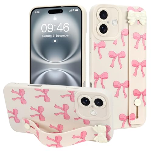 MOWIME Schutzhülle für iPhone 16 Plus mit Handschlaufe, niedliches Schleifenmuster, weiche TPU-Schutzhülle für Damen und Mädchen, schmal, kratzfest, stoßfest, mit verstellbarem Ständer, Weiß MOWIME Schutzhülle für iPhone 16 Plus mit Handschlaufe, niedliches Schleifenmuster, weiche TPU-Schutzhülle für Damen und Mädchen, schmal, kratzfest, stoßfest, mit verstellbarem Ständer, Weiß von MOWIME