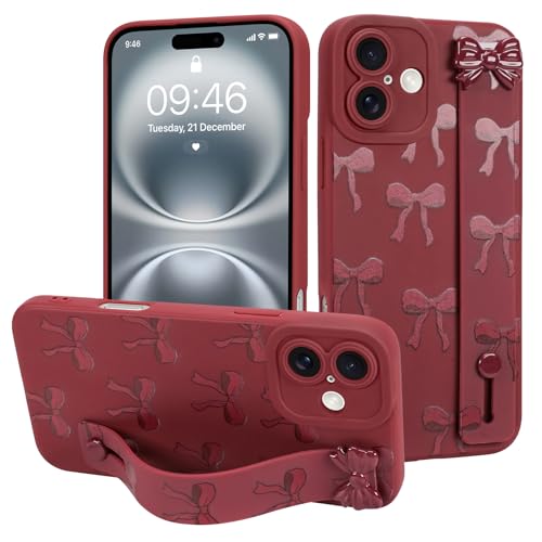 MOWIME Schutzhülle für iPhone 16 Plus mit Handschlaufe, süßes Schleifenmuster, weiche TPU-Schutzhülle für Damen und Mädchen, schlank, kratzfest, stoßfest, mit verstellbarem Ständer, Weinrot MOWIME Schutzhülle für iPhone 16 Plus mit Handschlaufe, süßes Schleifenmuster, weiche TPU-Schutzhülle für Damen und Mädchen, schlank, kratzfest, stoßfest, mit verstellbarem Ständer, Weinrot von MOWIME