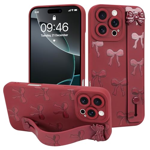 MOWIME Schutzhülle für iPhone 16 Pro Max mit Handschlaufe, niedliches Schleifenmuster, weiche TPU-Schutzhülle für Damen und Mädchen, schlank, kratzfest, stoßfest, mit verstellbarem Ständer, Weinrot MOWIME Schutzhülle für iPhone 16 Pro Max mit Handschlaufe, niedliches Schleifenmuster, weiche TPU-Schutzhülle für Damen und Mädchen, schlank, kratzfest, stoßfest, mit verstellbarem Ständer, Weinrot von MOWIME