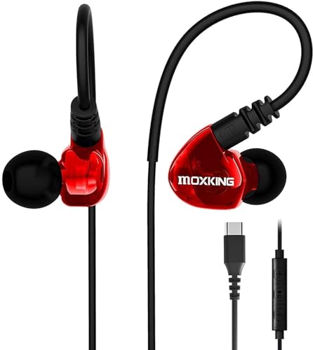 MOXKING USB C Running Sports Earbud, Typ C Kopfhörer verkabelt Over Ear In Ear Headsets Enhanced Bass Stereo Ohrhörer mit Mikrofon und Fernbedienung für Running Jogging Gym (Rot) von MOXKING