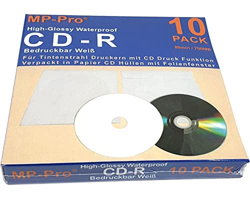 High-Glossy Waterproof Bedruckbare CD-R Rohlinge 80min/700MB Nanokeramik Hochglanz Inkjet Printable Weiß Wasserfest - 10 Stück in Papier CD Hüllen von MP-Pro