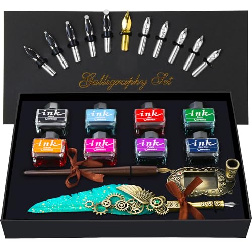 Kalligraphie Stift Set-schließen Quill Stift,Holz Dip Stift,8 Flaschen mit verschiedenen Farben der Tinte ein,13 Edelstahlfedern verschiedener Größen,Stifthalter,Umschlagpapier von MPRINCE