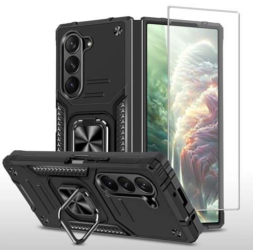 MQERYBV Handyhülle für Samsung Galaxy Z Fold 6 5G Hülle mit Frontdisplay Panzerglas, 360°Magnetisch Ring Ständer Handytasche Stoßfest Kratzfest Schutzhülle Panzerhülle Case Cover (Schwarz) von MQERYBV