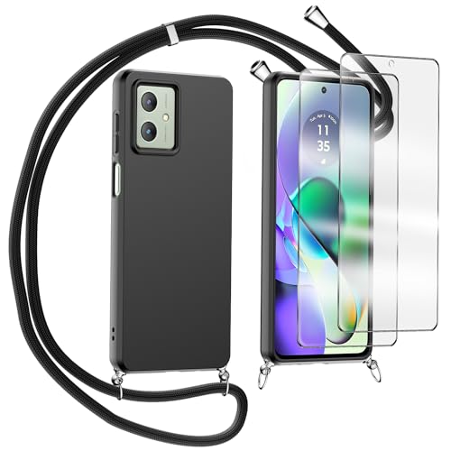 MQERYBV Handykette Kompatibel mit Motorola Moto g54 5G 6,5" Hülle mit Glasfolie, Necklace Handyhülle mit Abnehmbar Kordel zum Umhängen Silikon Schutzhülle mit Band in Schwarz von MQERYBV