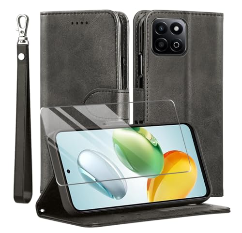 MQERYBV Kompatibel mit Honor 200 smart 5G Hülle, Leder Flip Stoßfeste Handyhülle, Magnetische Schutzhülle Silikon TPU[Kartenfach][Standfunktion][1X Displayschutzfolie] Case -Schwarz von MQERYBV