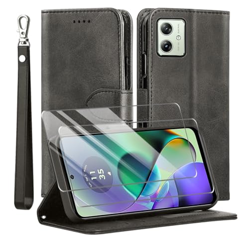 MQERYBV Kompatibel mit Moto G54 5G Hülle, Leder Flip Stoßfeste Handyhülle, Magnetische Schutzhülle Silikon TPU[Kartenfach][Standfunktion][2X Displayschutzfolie] Case -Schwarz von MQERYBV