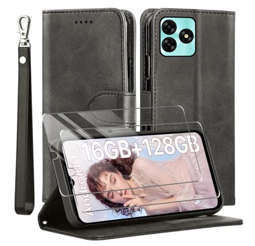 MQERYBV Kompatibel mit Umidigi G5/Umidigi G5A Hülle, Leder Flip Stoßfeste Handyhülle, Magnetische Schutzhülle Silikon TPU [Kartenfach] [Standfunktion][2X Displayschutzfolie] Case -Schwarz von MQERYBV