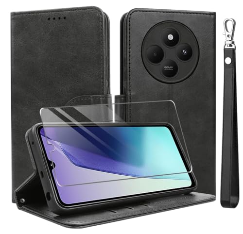 MQERYBV Kompatibel mit Xiaomi Redmi 14C 4G Hülle, Leder Flip Stoßfeste Handyhülle, Magnetische Schutzhülle Silikon TPU[Kartenfach][Standfunktion][1X Displayschutzfolie] Case -Schwarz von MQERYBV