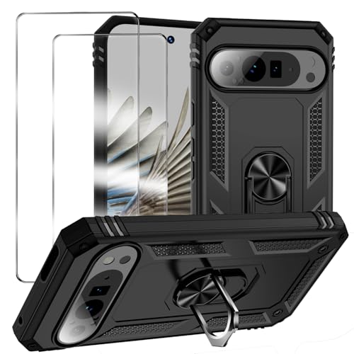 MQERYBV hülle für Google Pixel 9 Pro XL Handyhülle mit 2 Stück Panzerfolie, 360 Grad Drehbar Metall Ring Fallschutz Handy Hüllen Outdoor Schutzhülle Cover Schwarz von MQERYBV