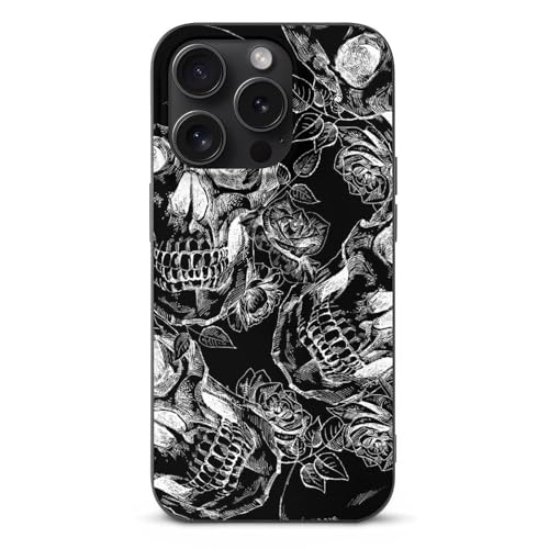 MQRBFLM Totenkopf Schwarz Handyhülle Pu Leder wasserdichte Hülle Stoßfeste Schutzhülle Für iPhone 15 Pro von MQRBFLM