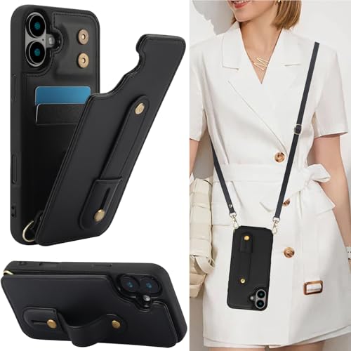 MRRSIWEI Crossbody-Schutzhülle für iPhone 16 Plus, RFID-blockierend, PU-Leder, Umhängeband mit Kartenfächern, Handschlaufe, Kickstand Cover für Damen, Schutzhülle für Apple iPhone 16 Plus, abnehmbar, von MRRSIWEI