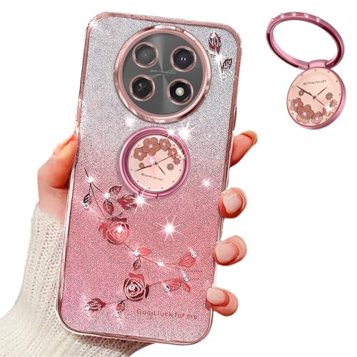 MRRSIWEI Schutzhülle für Honor X60 Pro, für Damen und Mädchen, luxuriöse Beschichtung, Glitzer, glitzernde Blumen, stoßfeste Hülle mit Ringständer, für Honor X60 Pro, Blumen, Rosa von MRRSIWEI