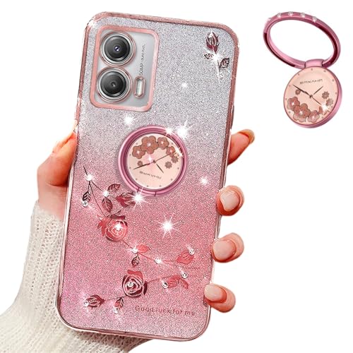 MRRSIWEI Schutzhülle für Motorola Moto Edge 50 Fusion, luxuriöse Beschichtung, Glitzer, glitzernde Blumen, stoßfest, mit Ringständer, für Moto Edge 50 Fusion, Blumen, Rosa von MRRSIWEI