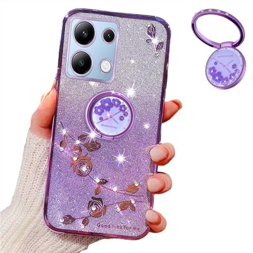 MRRSIWEI Schutzhülle für Xiaomi Poco X6 Pro 5G / Redmi K70E 5G für Frauen und Mädchen, luxuriöse Plating Bling Glitzer Sparkle Flowers Shockproof Case mit Ring Ständer für Xiaomi Poco X6 Pro 5G Blumen von MRRSIWEI