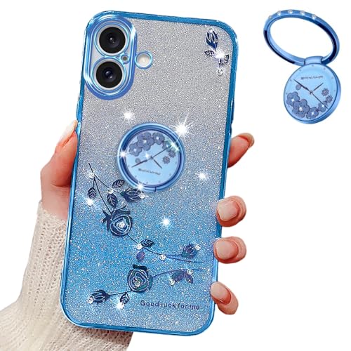 MRRSIWEI Schutzhülle für iPhone 18 Plus/APE 18 Plus für Frauen und Mädchen, luxuriöse Beschichtung, Glitzer, glitzernde Blumen, stoßfest, mit Ringständer, für iPhone 18 Plus, Blumen, Blau von MRRSIWEI