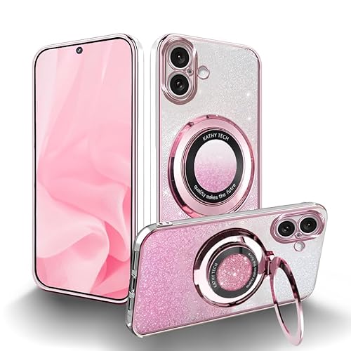 MRRSIWEI Transparente Glitzer-Schutzhülle für Apple iPhone 16, luxuriöse Beschichtung, glitzernder Farbverlauf mit Ständer, für Damen und Mädchen, 15,5 cm, Rosa von MRRSIWEI