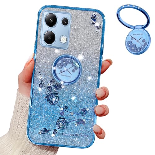 MRRSIWEI Xiaomi Redmi Note 13 Pro 5G Hülle für Mädchen, Luxus Plating Bling Glitter Sparkle Flowers Shockproof Case with Ring Stand for Xiaomi Redmi Note 13 Pro 5G / Poco X6 5G.Flowers Blue von MRRSIWEI