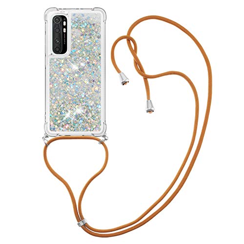 MRSTER Lanyard Schutzhülle für Xiaomi Mi Note 10 Lite, Glitzer, Flüssigkeit, Silikon, stoßfest, Kawaii, Schutzhülle mit Kordelzug, für Xiaomi Mi Note 10 Lite. LP Love Silver von MRSTER