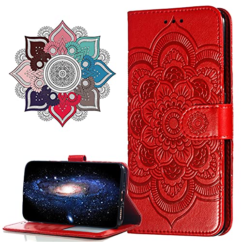 MRSTER Xiaomi Redmi Note 10 5G Hülle, Premium Leder Flip Schutzhülle [Standfunktion] [Kartenfächern] PU-Leder Schutzhülle Brieftasche Handyhülle für Xiaomi Redmi Note 10 5G. LD Mandala Red von MRSTER