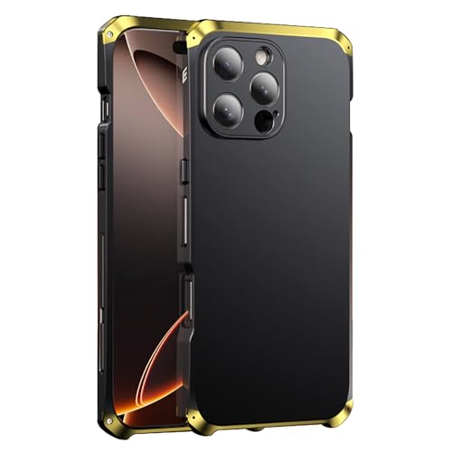 Ultradünne Hülle für iPhone 16 Pro Max/16 Pro/16 Plus/16, Metall Grenze Handytasche Support Kabelloses Laden Stoßfeste Handyhülle,Gold,16 Pro von MSBEAN