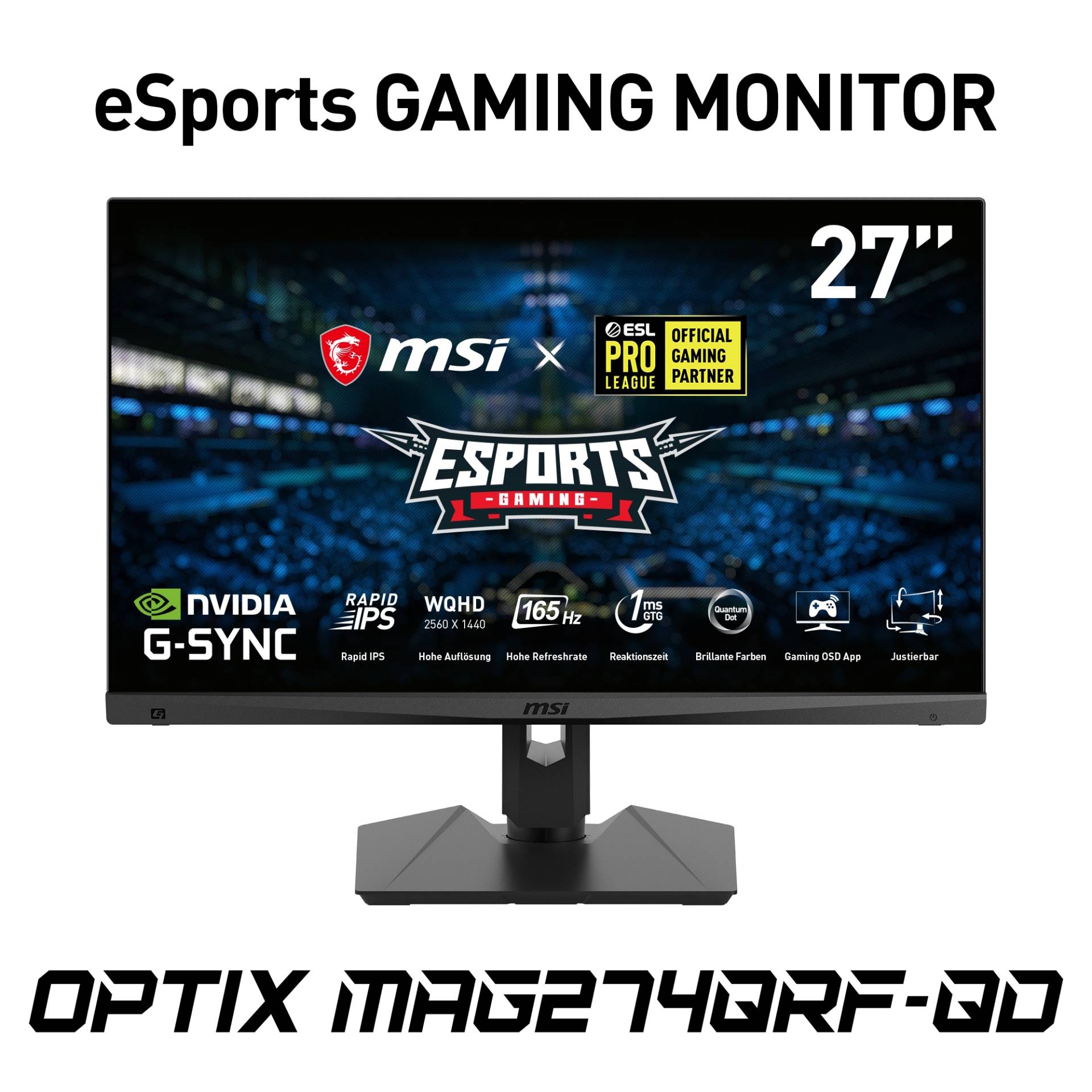 MSI Optix MAG274QRFDE-QD Gaming Monitor - QHD,165Hz, 1ms (GtG) MSI eSport Gaming Monitor, Quantum Dot, NVIDIA G-Sync, FreeSync Premium von MSI
