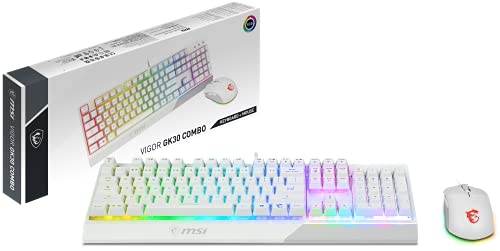 MSI VIGOR GK30 COMBO WHITE US LAYOUT GK30 Gaming Tastatur QWERTY und GM11 Gaming Maus (kabelgebunden, Plunger Switch, weiß, RGB) von MSI