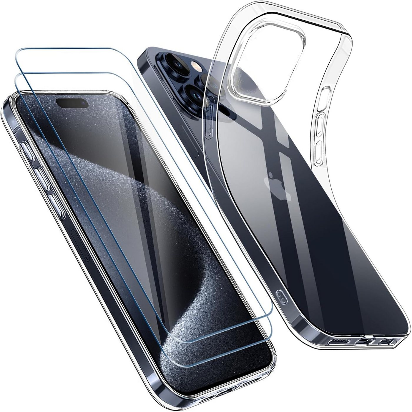 MSOVAEU Schutzfolie iPhone 15 Pro Hülle & 2 Stück Schutzfolie,iPhone 15 Pro für Panzerglas, (TPU-Handyhülle-Nie Vergilbung, Militärischer Schutz,Kameraschutz, Dünn Transparent Stoßfest Schutzhülle,Schutzfolie-9H Härte, HD Displayschutzfolie,Anti-Kratzer,Anti-Fingerabdruck) von MSOVAEU