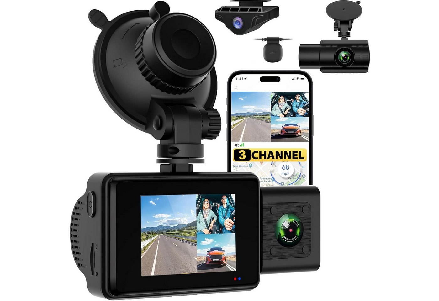 MSOVAEU Dashcam 3 Lens Autokamera,4K+ 1080P + 1080P,WiFi Dashcam mit GPS Dashcam (HD, 2'' IPS Bildschirm vorne hinten innen HDR+WDR Dash Cam,140° Weitwinkel, Parküberwachung,Nachtsicht,G-Sensor,Loop-Aufnahme,Unterstützt 256G Max) von MSOVAEU