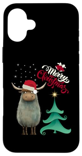 Hülle für iPhone 16 Plus Frohe Weihnachten Highland Cow Weihnachtsbaum Illustration von MTJ-Mushrooms