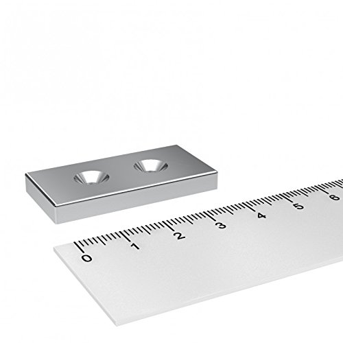 Neodym Quadermagnet 40 x 20 x 5 mm mit 2 Bohrungen Ø 5.5 mm und Senkung für Senkkopfschraube von MTS Magnete