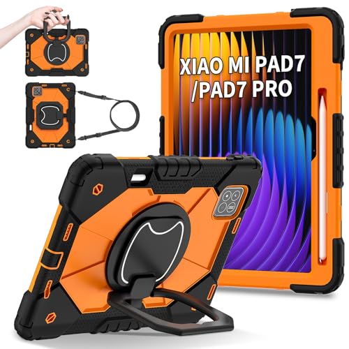 Schutzhülle für Xiaomi Mi Pad 7/Mi Pad 7 Pro 11,2 Zoll (28,4 cm), mit Ständer und Stifthalter, stoßfest, Schutzhülle für Xiaomi Mi Pad 7/Mi Pad 7 Pro, Schultergurt, Orange von MUDASANQI